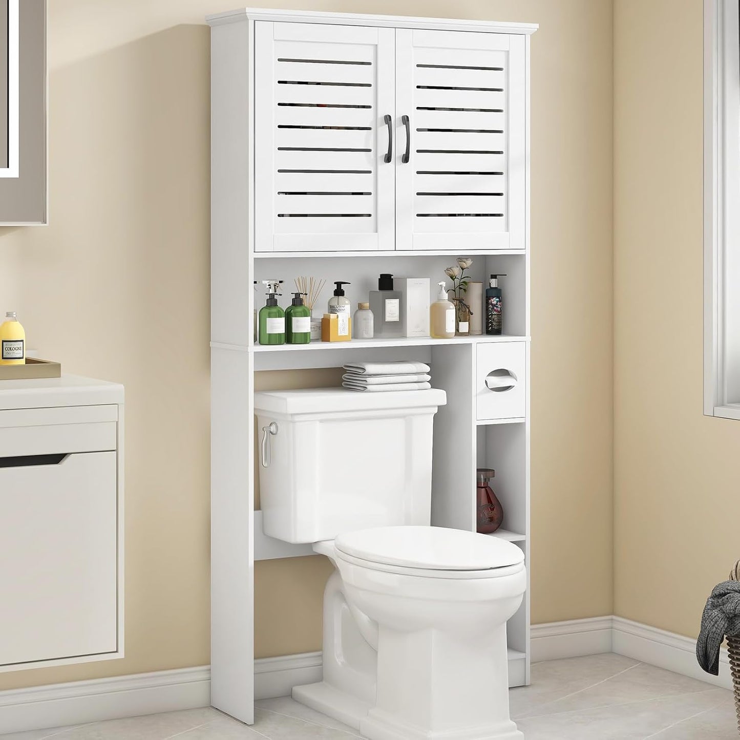 Over The Toilet Storage Cabinet, Wood Over Toilet Bathroom Organizer Cabinet with 2 Doors, Freestanding Home Space Save Toilet Rack for Restroom, Bathroom, Laundry, White
