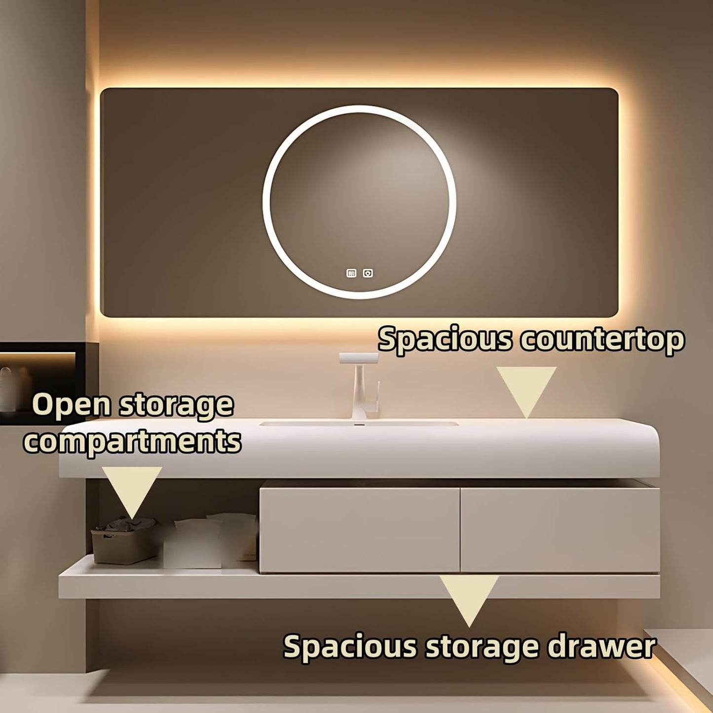 52IN Bathroom Vanity with Sink - Bathroom Cabinet Set has 2 Drawers & Overflow Hole Wall Mounted | LED Practical Defogging Mirror, Open Compartments, Seamless Rock Slab Basin (Coffee)