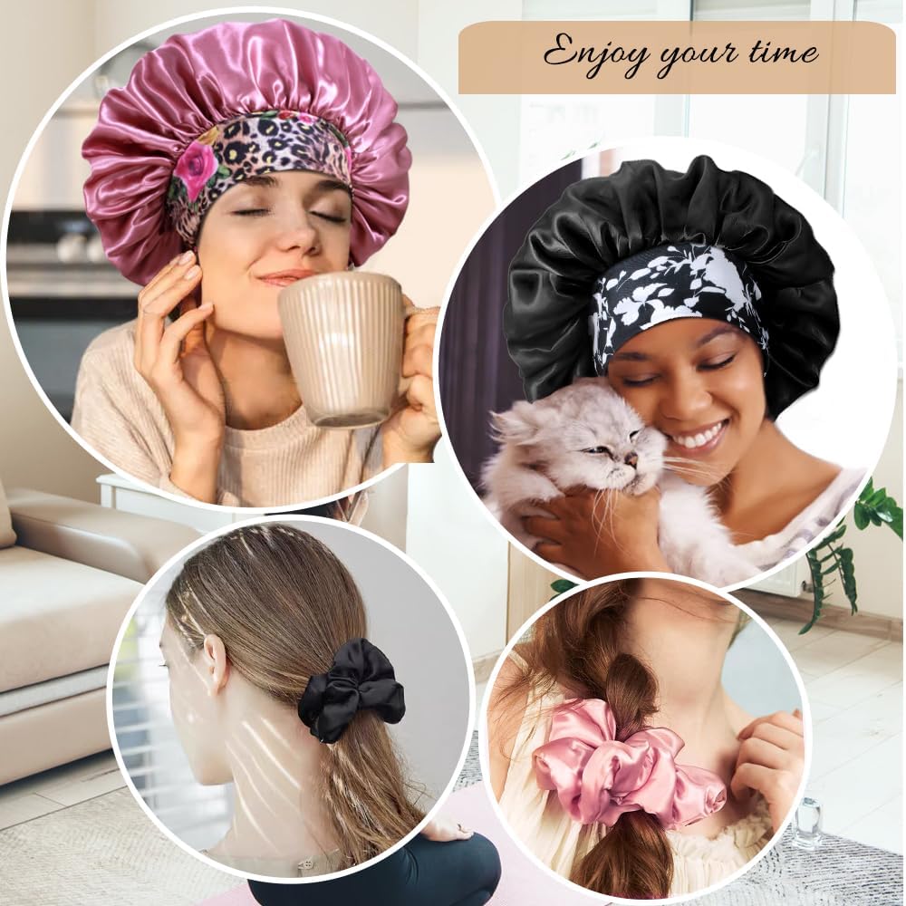 3+3 Large Satin Bonnets with Scrunchies for Women, Wide Band Hair Bonnet for Sleeping Braids Curly Hair