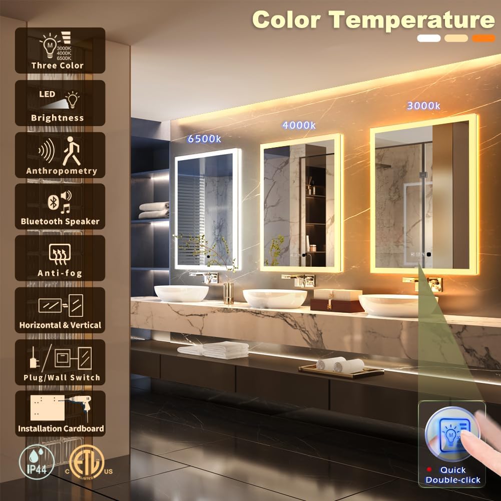 24 x 32 inch LED Bathroom Mirror with Bluetooth Speaker, Induction Switch Light Smart Vanity Mirror Wall Mounted, IP44 Waterproof Anti Fog Vertical & Horizontal