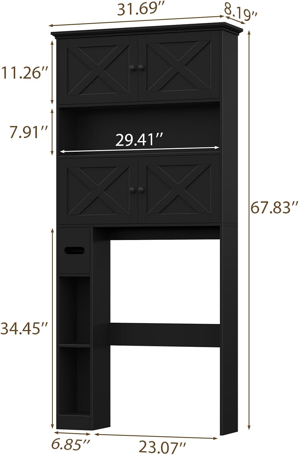 Over The Toilet Storage Cabinet, Farmhouse Storage Cabinet Over Toilet with 4 Barn Doors & Toilet Paper Holder Stand, Black Toilet Shelf Home Space Saver for Restroom, Bathroom, Laundry
