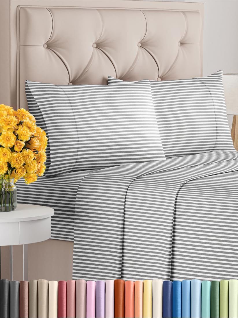 Queen Size 4 Piece Sheet Set - Extra Soft, Breathable & Cooling - Hotel Luxury Durable Bed Sheets - Deep Pockets, Easy-Fit & Wrinkle-Free - Grey Stripes Oeko-Tex