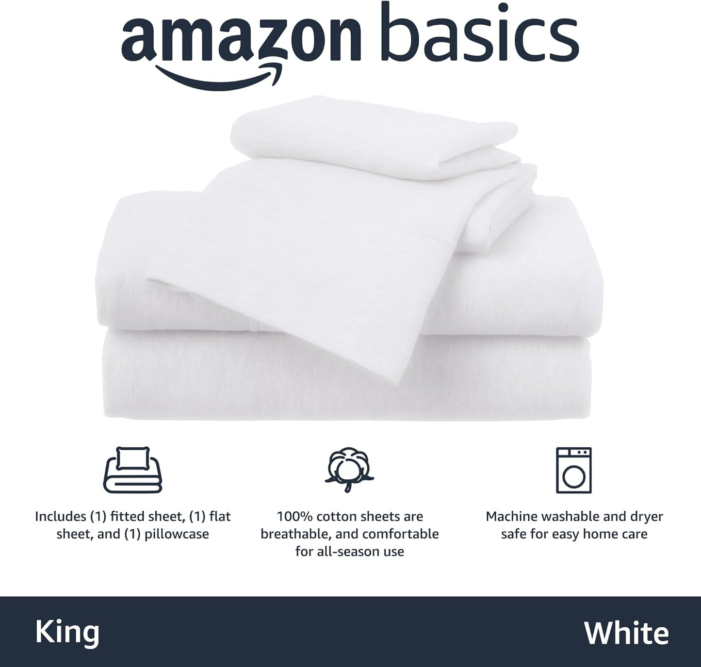 Amazon Basics 4 Piece Bed Sheet Set, 100% Cotton Jersey, Includes Super Soft, Flat and Fitted Sheets, Pillowcase, King, White, Solid