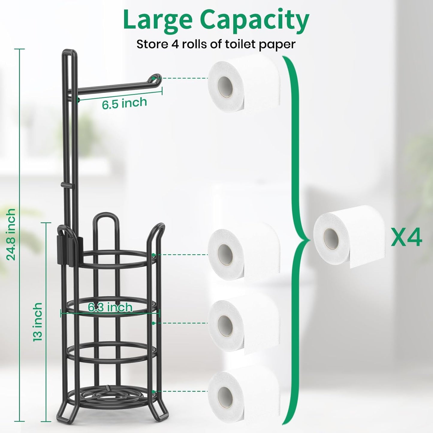 TomCare Toilet Paper Holder Toilet Paper Stand and Dispenser for 3 Spare Rolls Metal Wire Free-Standing Toilet Tissue Paper Roll Storage Shelf Bathroom Accessories Storage Organizer Black