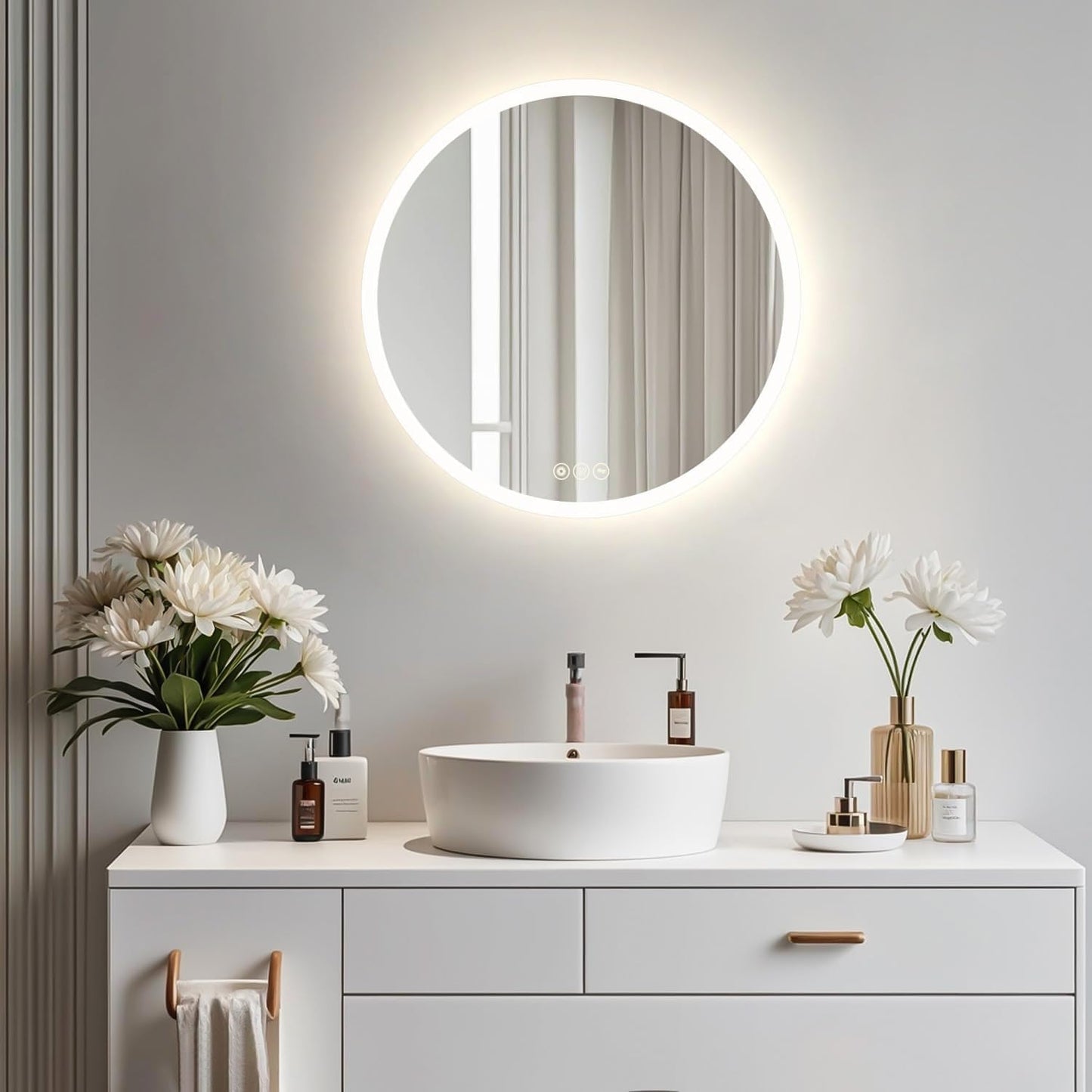 Wall-Mounted LED Round Bathroom Mirror, Makeup Mirror (24 inches x 24 inches,) 3 Color Stepless Dimmable Memory Bathroom Vanity Mirror with Lights CRI90+ 3000-6400K Smart Mirror with Touch