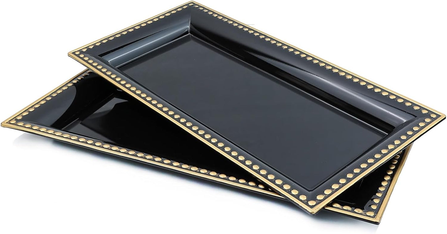 2 Pack Black Bathroom Vanity Tray for Countertop with Beads, Small Plastic Toilet Tank Versatile Storage Organization Tray for Makeup, Perfume, Desk, Kitchen, Candles, 14"x7"x1", 36B