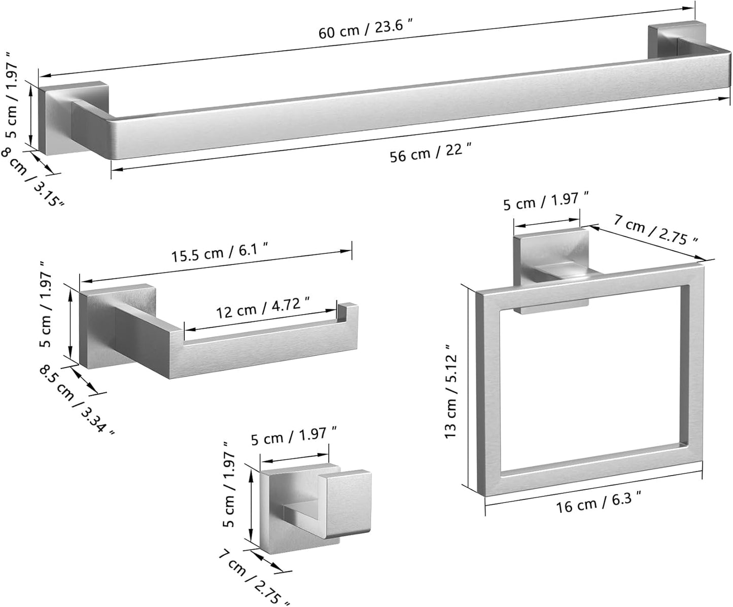 15-Pieces Brushed Nickel Bathroom Accessories Set, 23.6 Inch Bath Towel Bar Set, Stainless Steel Bathroom Hardware Set, Towel Racks for Bathroom Wall Mounted.