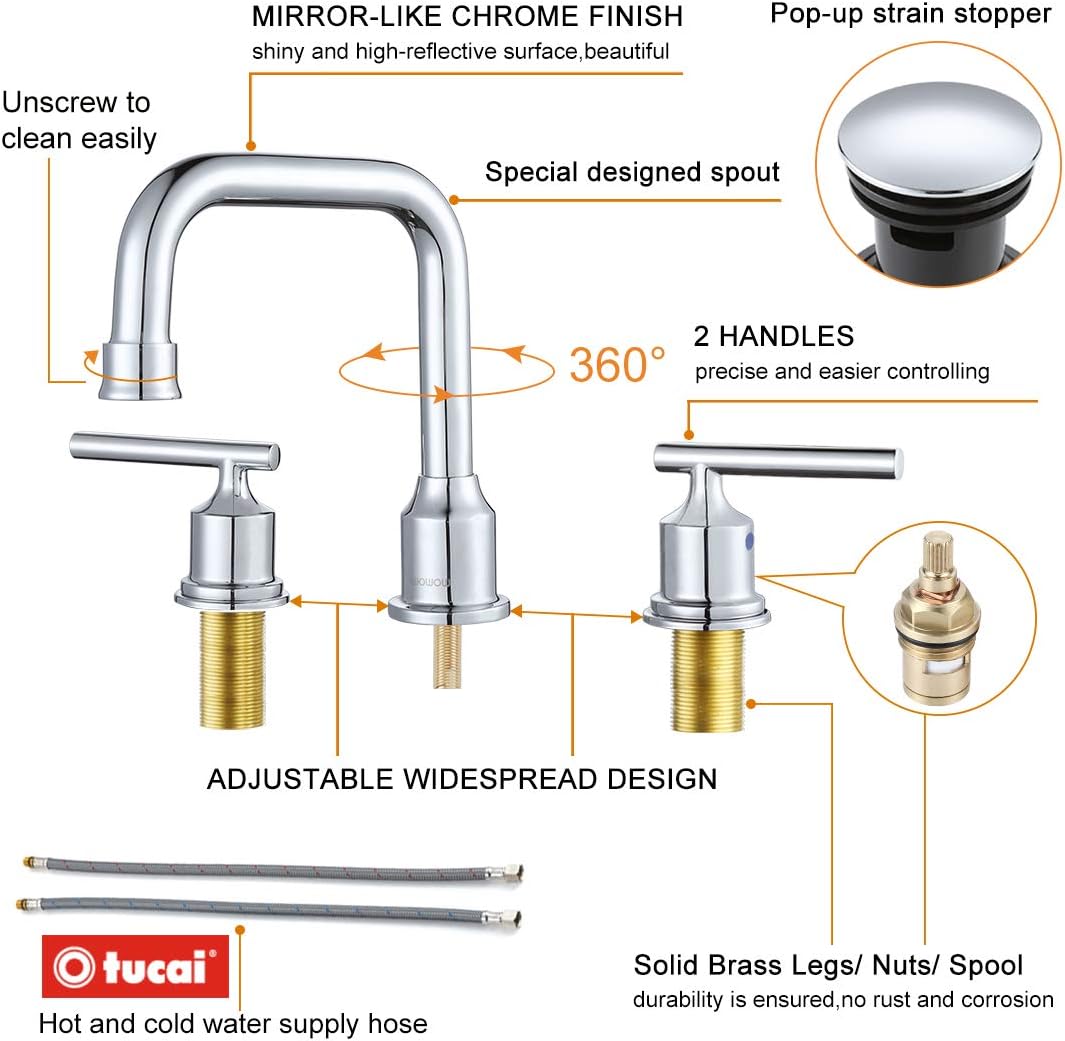 WOWOW Widespread Bathroom Faucet Chrome 8 inch Bathroom Sink Faucet Adjustable 3 Pieces Basin Faucets 360° Swivel Spout Modern Lavatory Faucet Vanity Faucets Water Supply Lines Quick Install Pipe