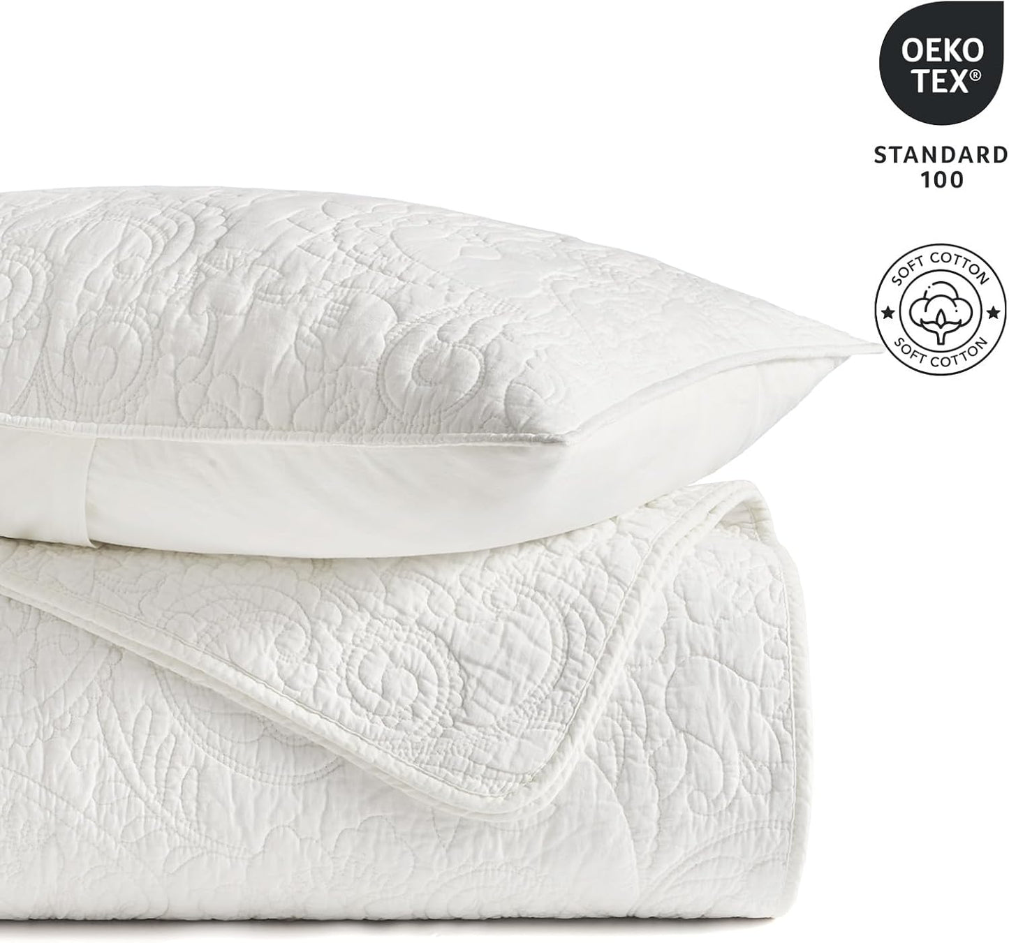EVERGRACE 100% Cotton Paisley Quilt Set, King Size 3 Piece Set – Prewashed Lightweight Bedspread with 2 Shams, Soft & Breathable Matelasse Coverlet for All-Season Comfort, Bright White