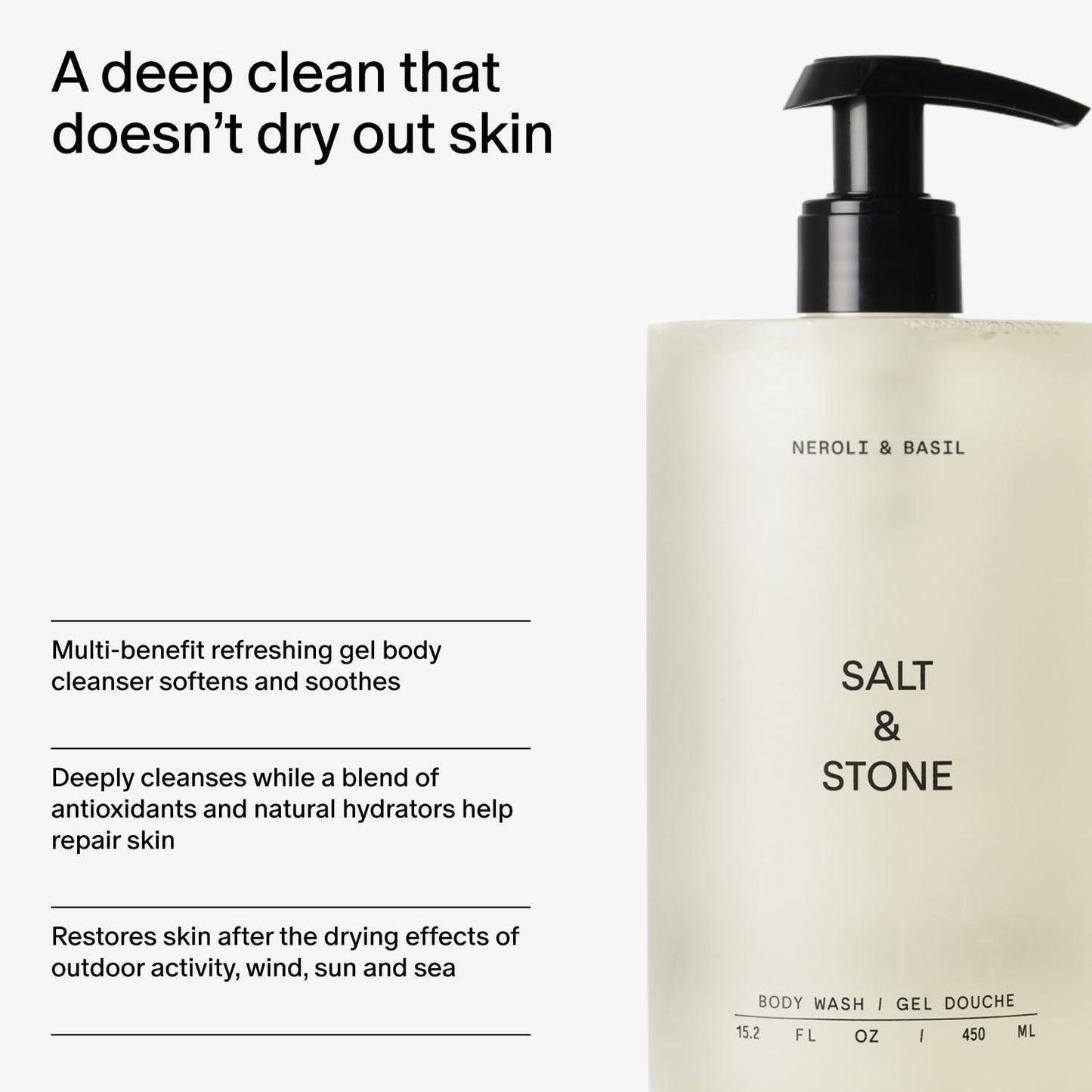 Salt & Stone Body Wash for Women & Men | Neroli & Basil | Hydrating Gel Cleanser | Clean & Soften Skin | Made with Niacinamide & Hyaluronic Acid | Free From Parabens, Sulfates & Phthalates 15.2 fl oz