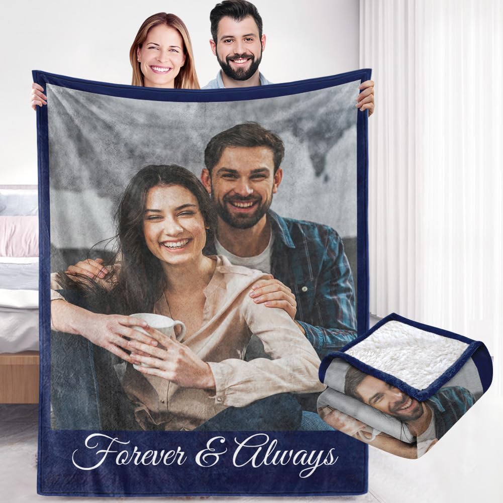Custom Sherpa Fleece Blanket with Photos & Text - Soft, Warm & Fuzzy Personalized Couples Gifts for Boyfriend & Girlfriend - Customized Picture Blanket for Birthday, Anniversary & Christmas