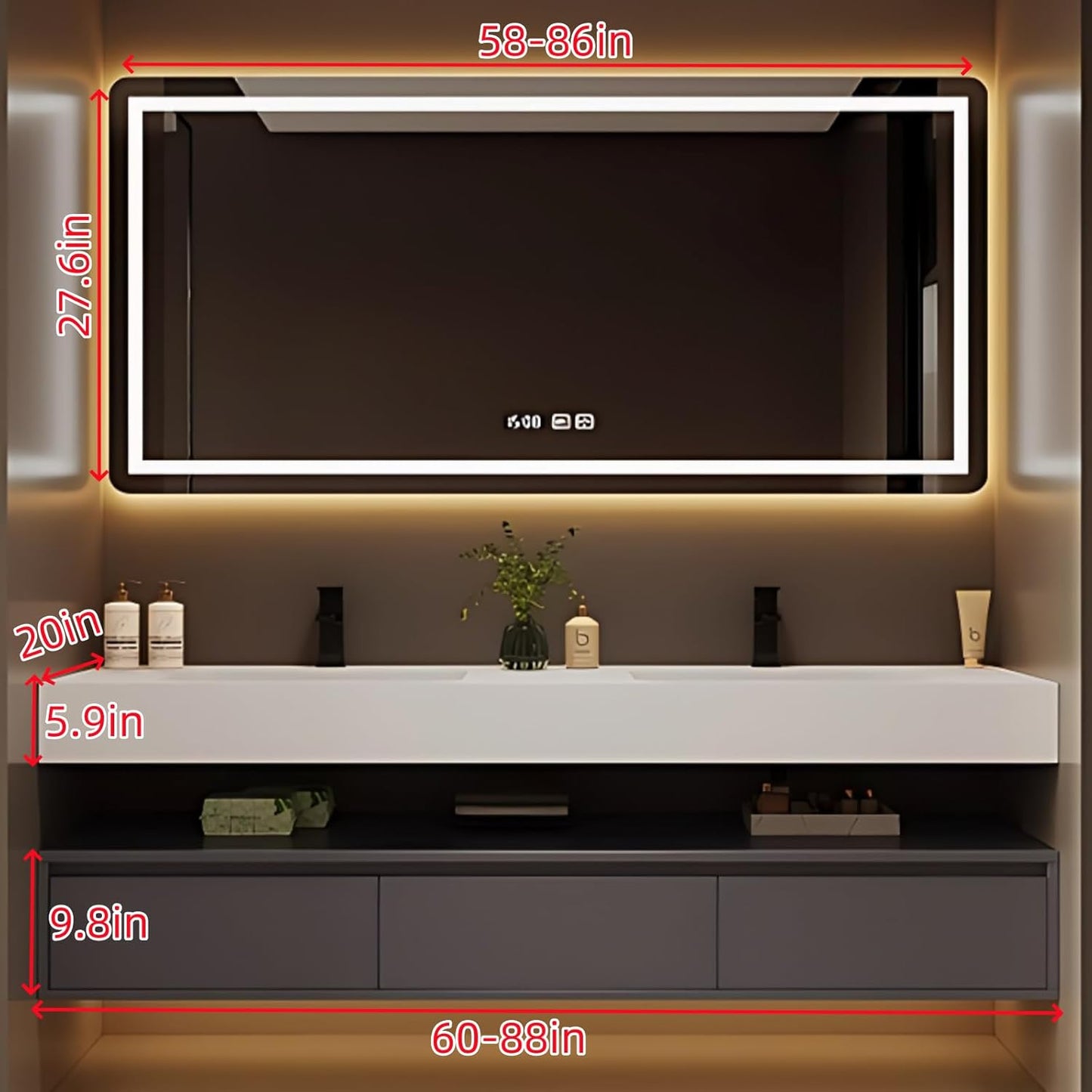 80IN Bathroom Vanity Double Sink - Double Sink Bathroom Vanity Set Include Smart Defogging Bathroom Mirror Cabinet with LED Light Strips, Abundant Storage Space with 3 Drawers (Mirror)