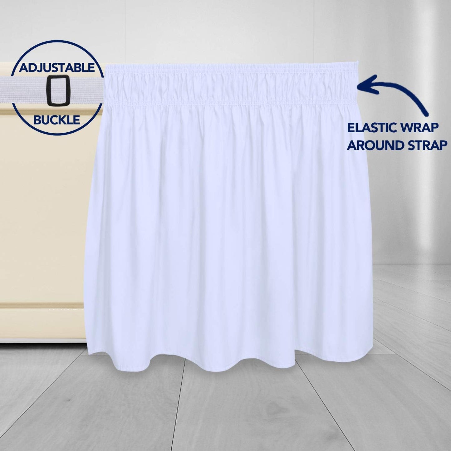 PureFit Wrap Around Ruffled Bed Skirt with Adjustable Elastic Belt - 18 Inch Drop Easy to Put On, Wrinkle Free Bedskirt Dust Ruffles, Bed Frame Cover for Twin,Twin XL and Full Size Beds, White