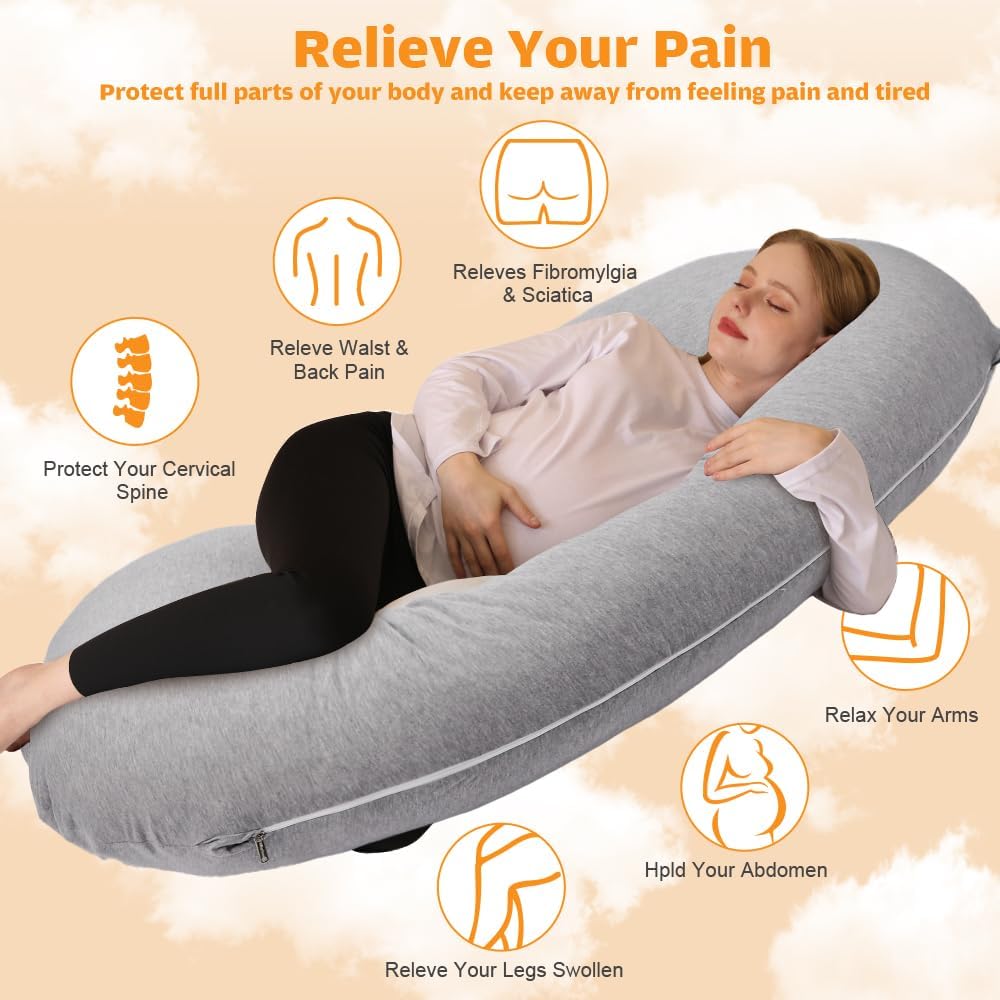 Chilling Home Pregnancy Pillow, C Shaped Full Body Pillow Maternity Pillow for Women 55 inch, Pregnancy Pillows for Sleeping Pregnant Must Have with Jersey Removable Cover,Grey