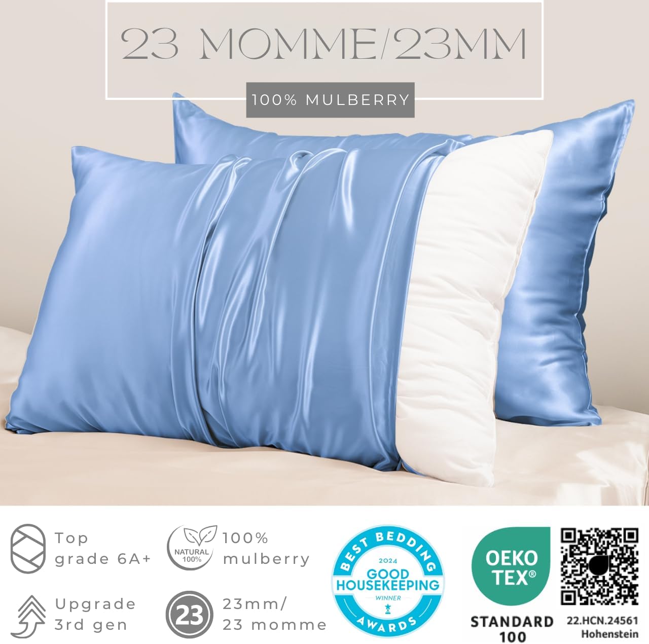 PROMEED Real 23 Momme 100% Silk Pillowcase for Hair and Skin, Both Sides Cooling Premium Grade 6A+ Mulberry Silk Pillow Case with Zipper, 1pc (King 20"x36", Light Blue)
