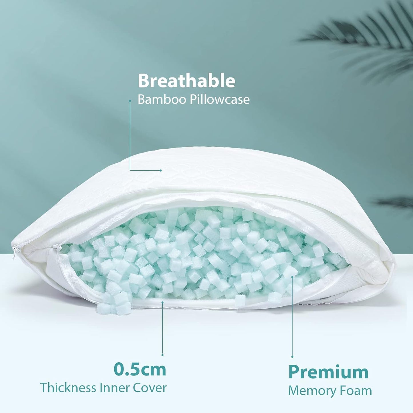 Memory Foam Pillows Queen Size Set of 2 - Adjustable Bed Pillows for Side Back Stomach Sleepers - with Washable Cooling Pillowcase