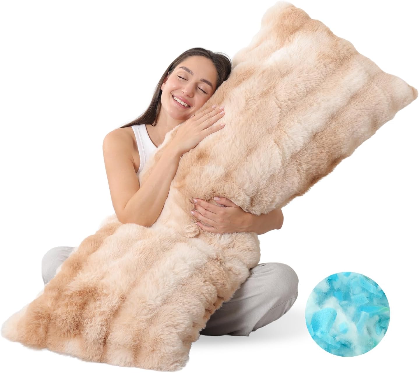 ZonLi Bubble Plush Body Pillow,Fluffy Faux Rabbit Fur Body Pillow for Adults,Long Pillow for Sleeping with Removable Pillowcase and Zipper Closure,Adjustable Filling Memory Foam（Light tan）