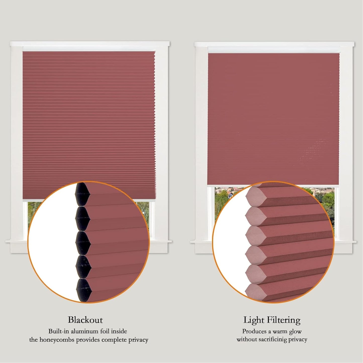Persilux Custom Size Cordless Cellular Shades Light Filtering Roller Shades UV Protection Honeycomb Shades Pleated Window Shades for Home, Office and Doors Maroon