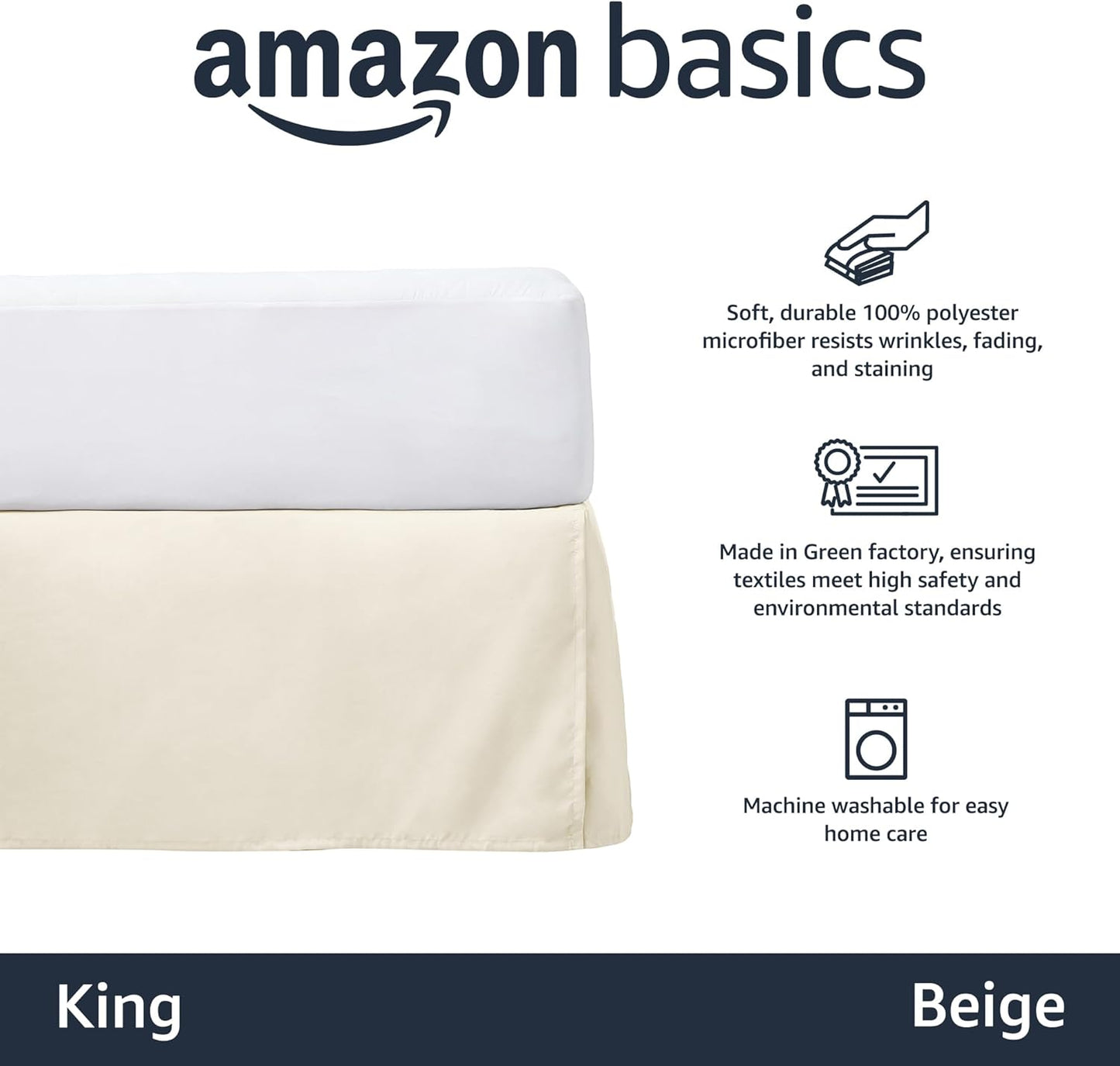 Amazon Basics Lightweight Pleated Bed Skirt, King, Beige, Solid