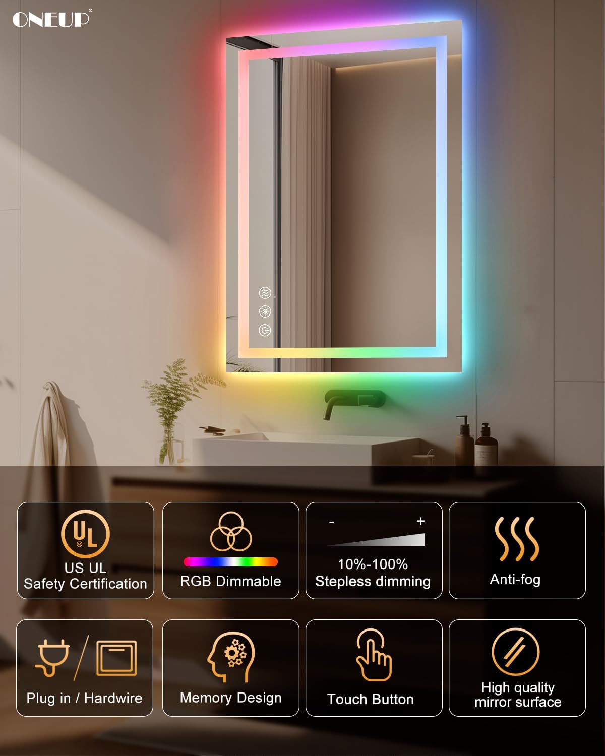 oneup 24x36'' RGB LED Bathroom Mirror with Lights,RGB Color Changing Bathroom Mirror,Lighted Vanity Mirrors for Wall,Dimmable,Anti-Fog,IP54 Waterproof (Horizontal/Vertical)