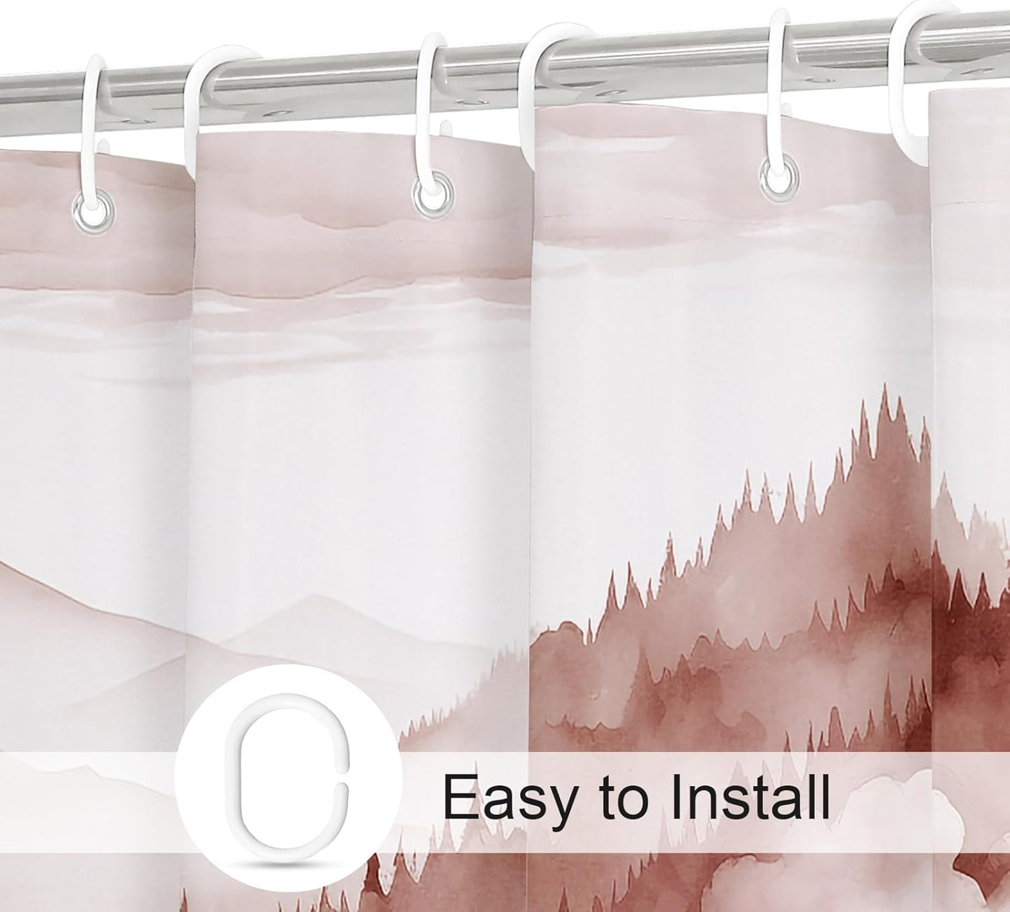 Burgundy Misty Pine Forest Shower Curtain, Mountain Foggy Woodland Scenery Tree Shower Curtains for Chic Rustic Bathroom, Abstract Modern Waterproof Nature-Themed Decor, 72x72 Inches
