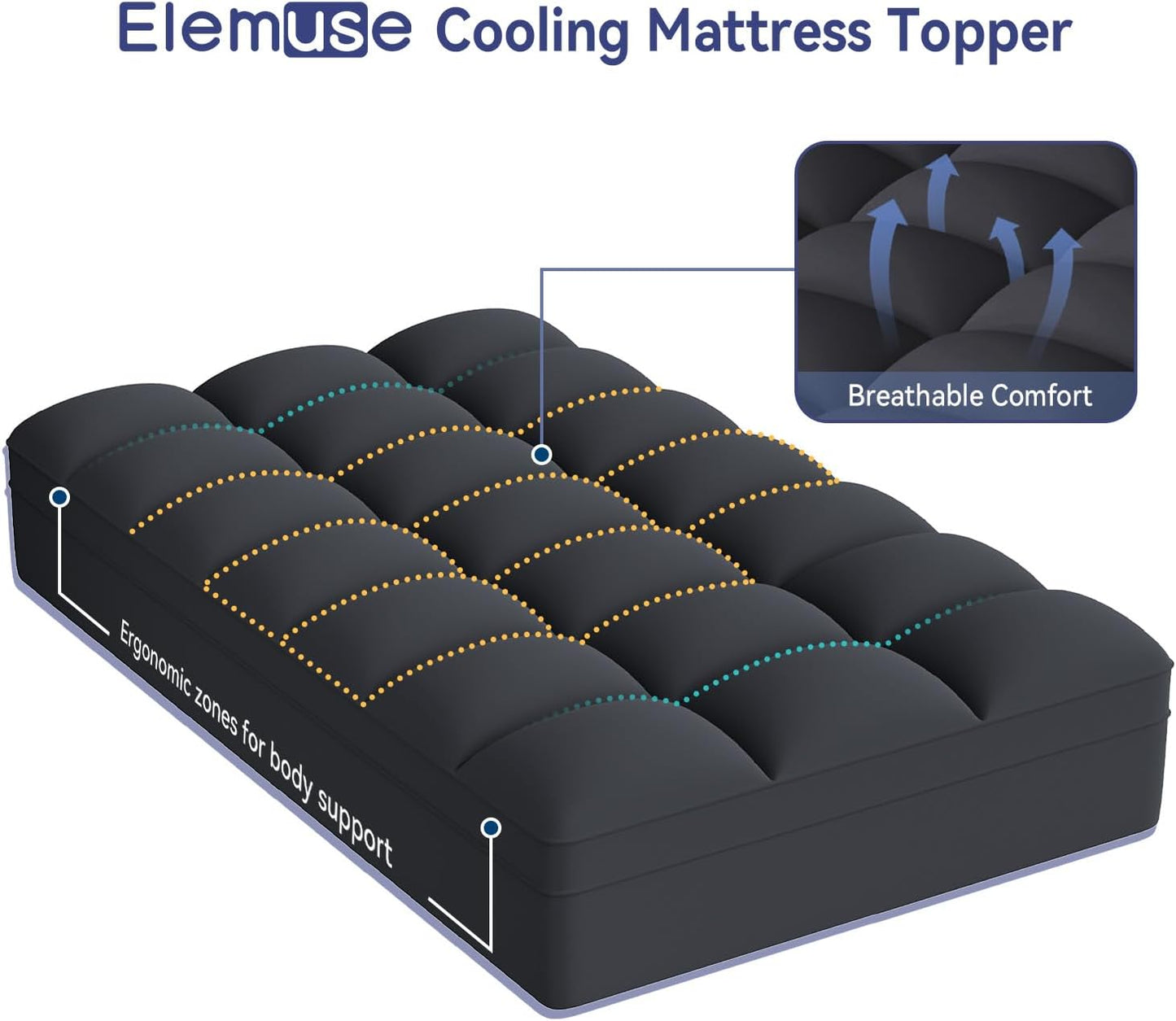 ELEMUSE Twin XL Black Cooling Mattress Topper, Pillow Top, 100% Polyester, Machine Washable, 10 Inches
