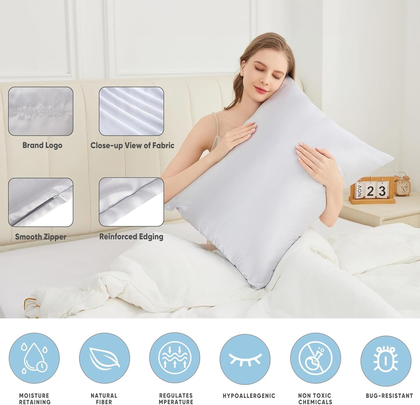 100% Mulberry Silk Pillowcases with Zipper– Luxurious, Anti-Aging Pillow Covers, 22 Momme 6A Grade Silk Pillow Cases 2 Pack for Hair and Skin Care (Silver Grey, King (U.S. Standard))