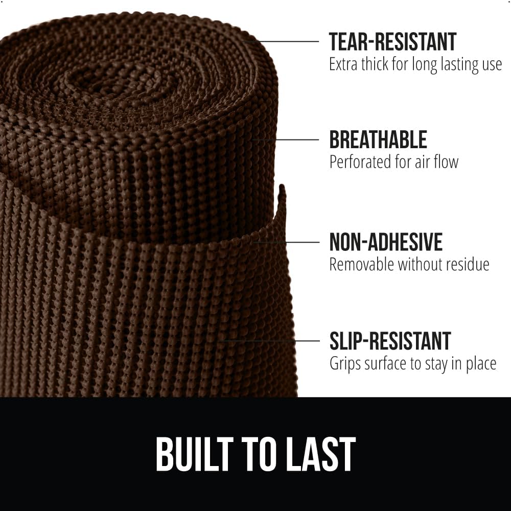 GORILLA GRIP powerGRIP Drawer Shelf and Cabinet Liner, Thick Strong Hold, Non-Adhesive Liners Protect Kitchen Cabinets and Cupboard, Bathroom Drawers, Easy Install, Breathable Mat, 12" x20', Chocolate
