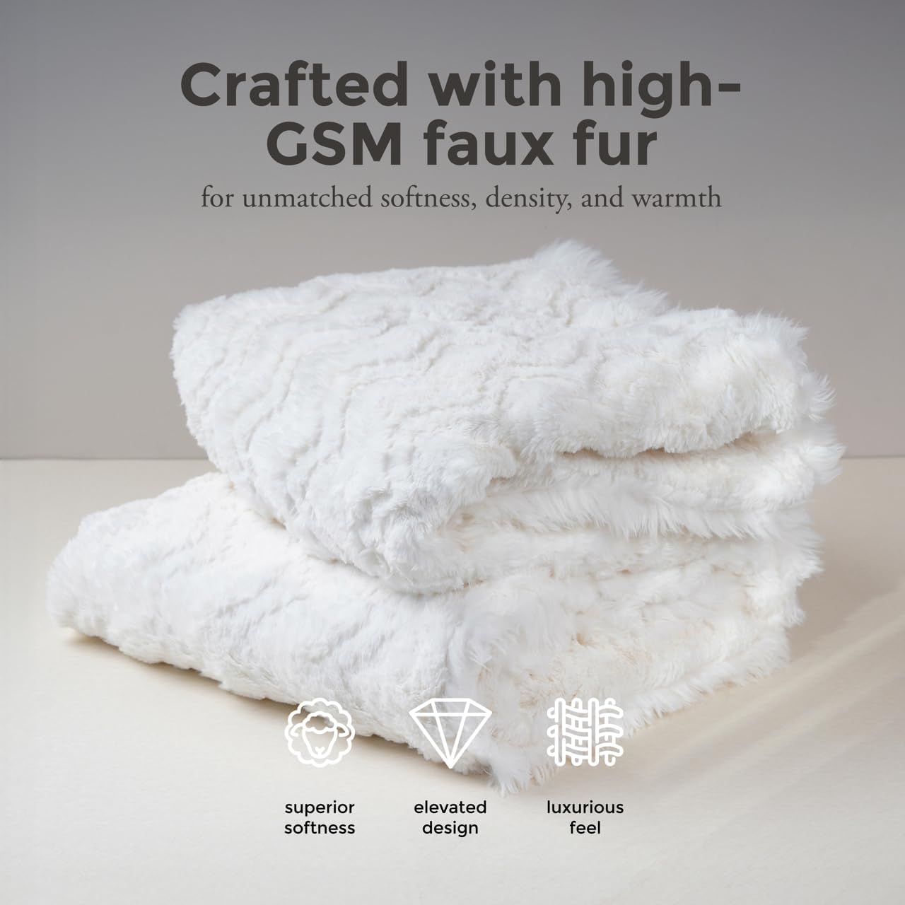 Mon Chateau 60" x 70" Crest Faux Fur Throw, Plush Luxury Blanket for Couch, Sofa, or Bed, Soft Reversible Throw Blanket for Sleeping, Home & Room Decor, Ivory Jacquard