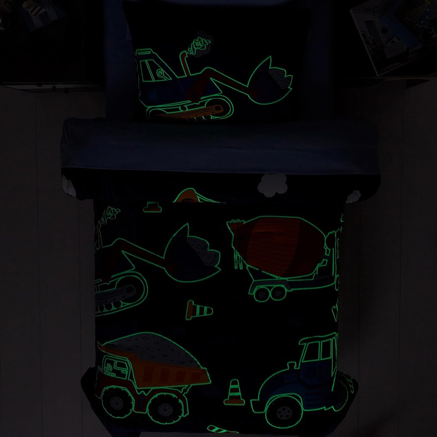 Twin Comforter Set for Boys-5 Pieces Truck Tractor Excavator Glow in The Dark Twin Bedding Sets for Kids, Ultra Soft Bed in A Bag with Sheets