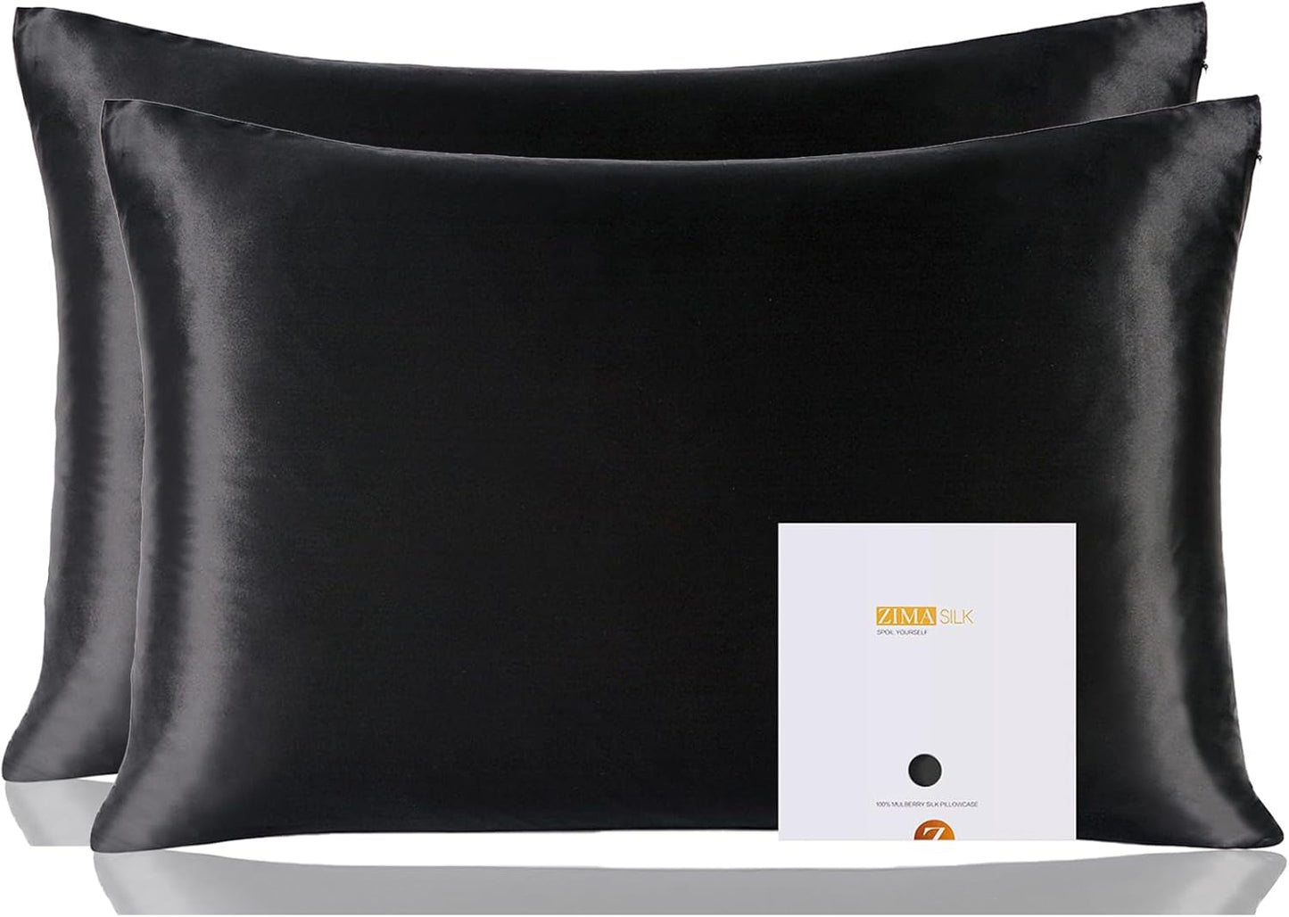 ZIMASILK 100% Pure Mulberry Silk Pillowcase 2 Pack, Soft and Smooth,Both Sides Premium Grade 6A Silk,600 Thread Count,with Hidden Zipper (Queen 20''x30'',Black)
