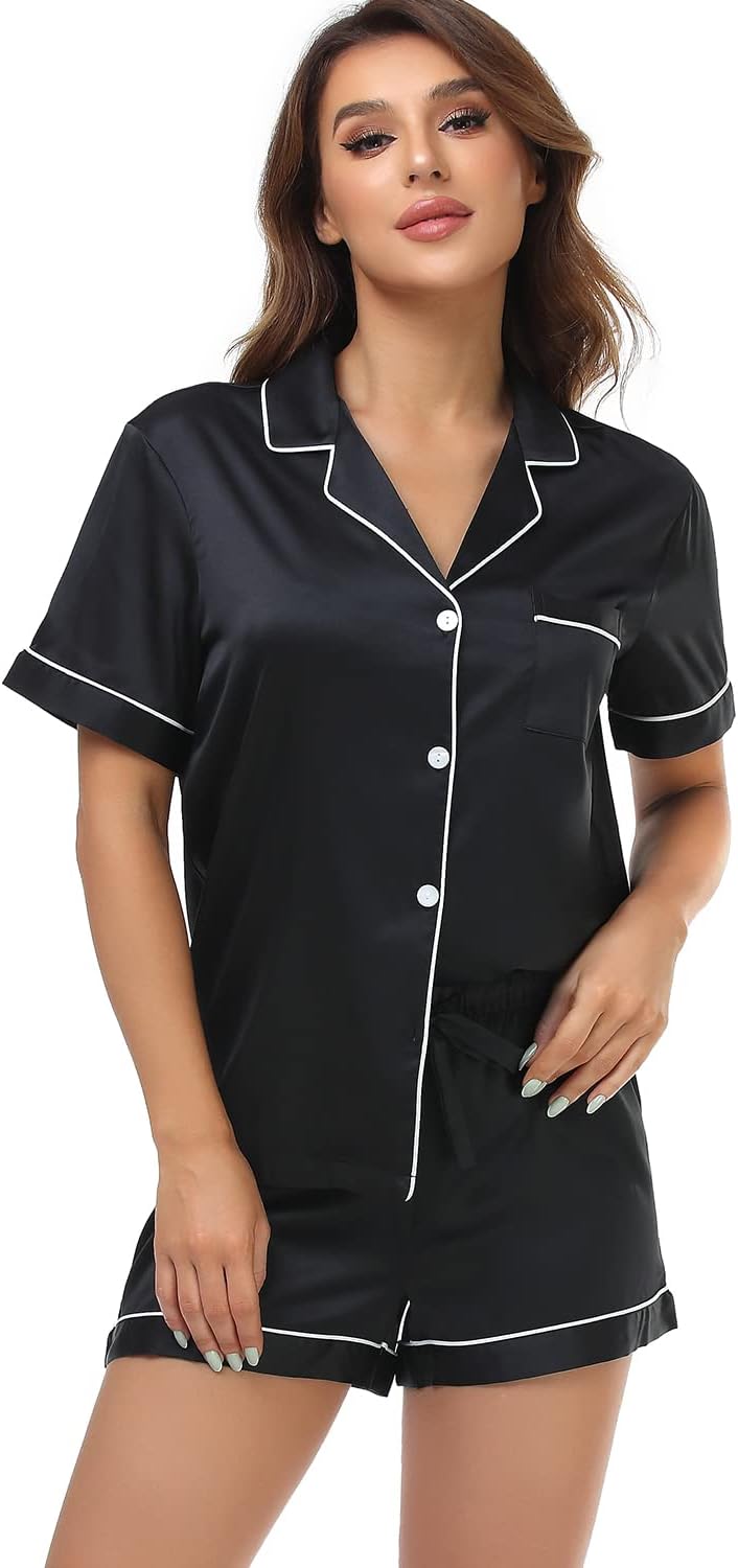 Women's Satin Pajama Set 2-Piece Sleepwear Loungewear Button Down Short Sleeve Silky PJ Set