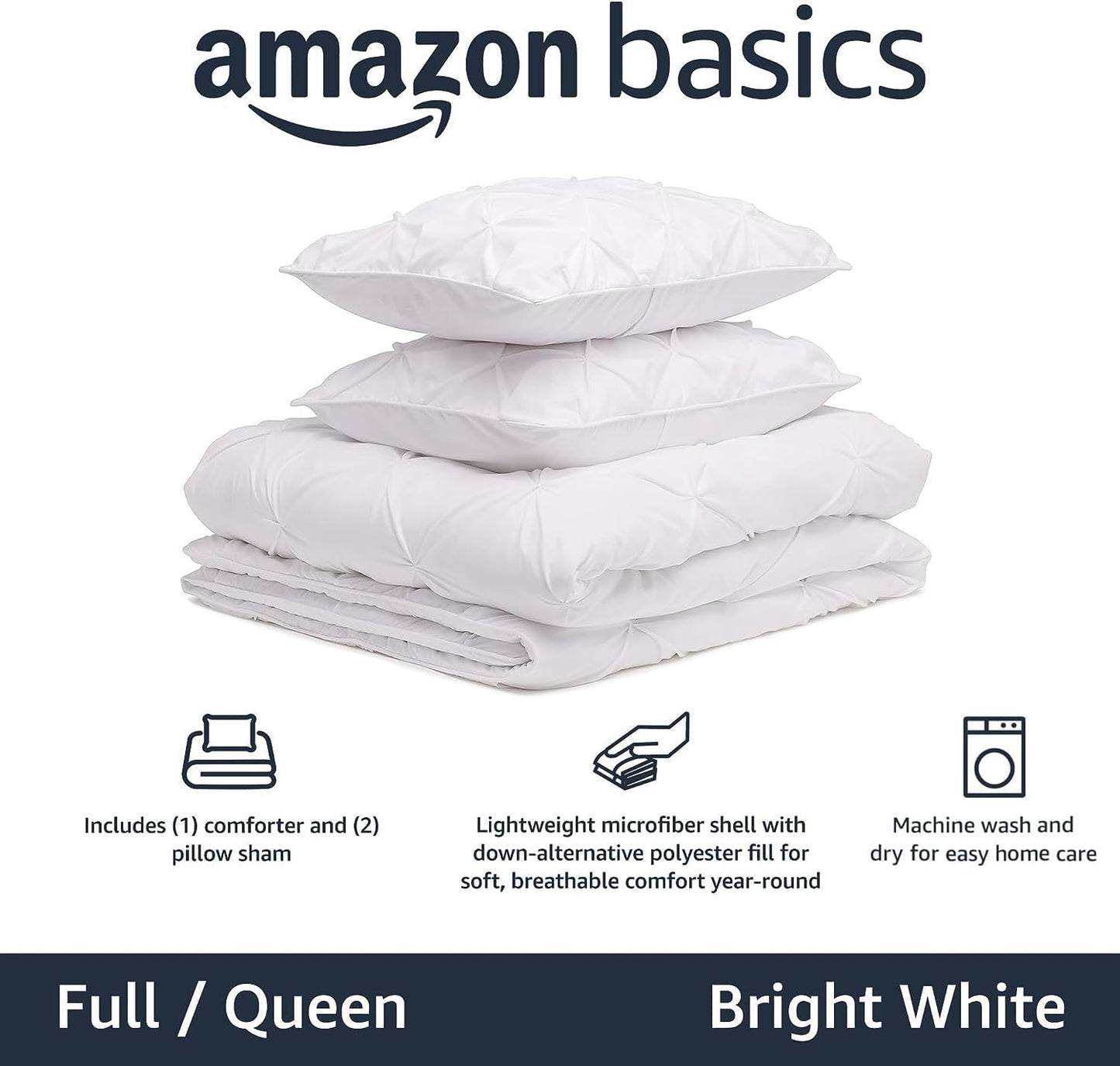 Amazon Basics Soft, Lightweight Queen Size Comforter Sets, All-Season Down-Alternative 3-Piece Bedding Set, Pinch Pleat Design, Full/Queen Size, Bright White