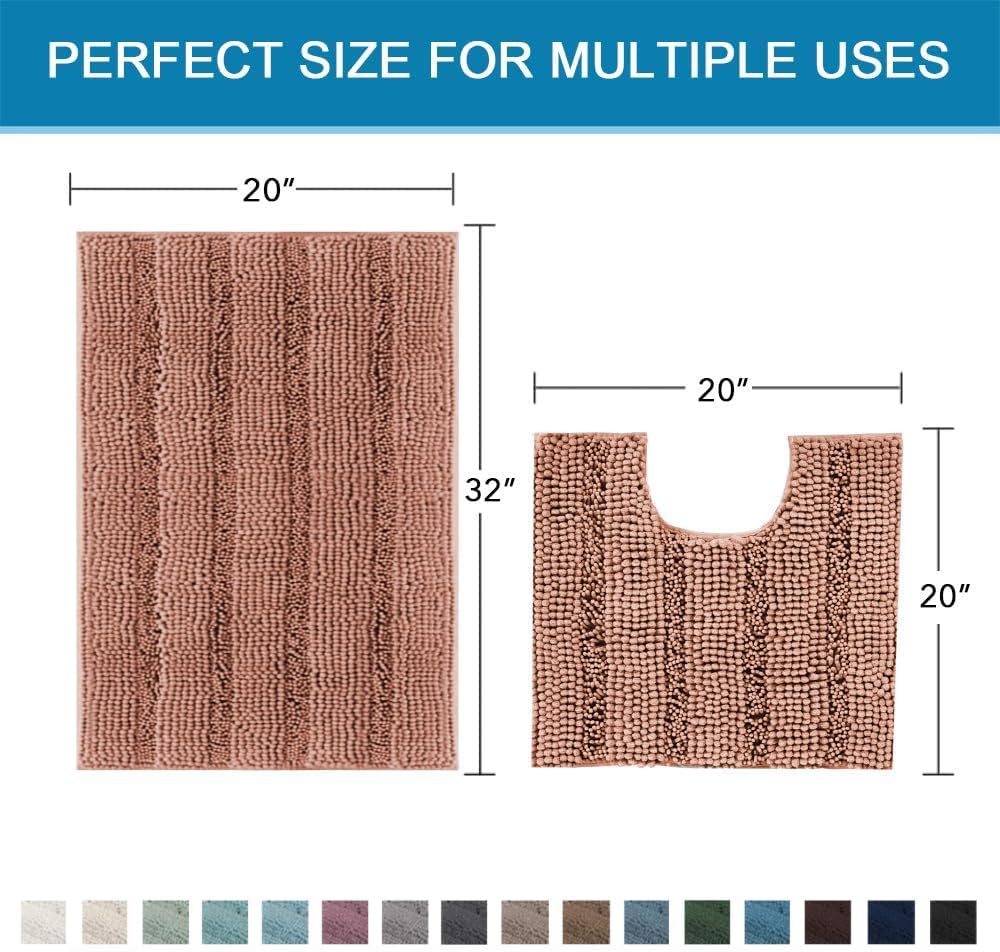 H.VERSAILTEX Bathroom Rugs Bath Rug Set 2 Piece Bathroom Contour Rug Toilet Mat Non Slip Contour Bath Rug Ultra Thick Water Absorbent Striped Bath Mats Washable(20" x 32" Plus 20" x 20" U, Muted Clay)
