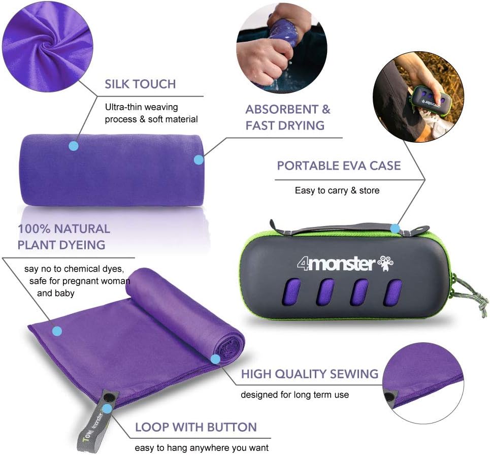 4Monster Camping Towel Super Absorbent-Quick Dry Microfiber Towel Ultra Compact & Soft-Travel Towel Lightweight for Backpacking,Hiking,Gym,Beach,Swimming,Yoga