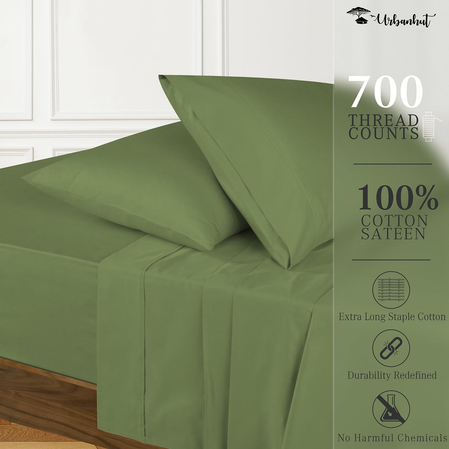 URBANHUT 700 Thread Count Egyptian Cotton Queen Sheets, 4Pc Bed Sheet Set Soft Luxury Bed Sheets for Queen Size Bedding, Sateen Weave Hotel Sheets, 16'' Elasticized Deep Pocket - Sage