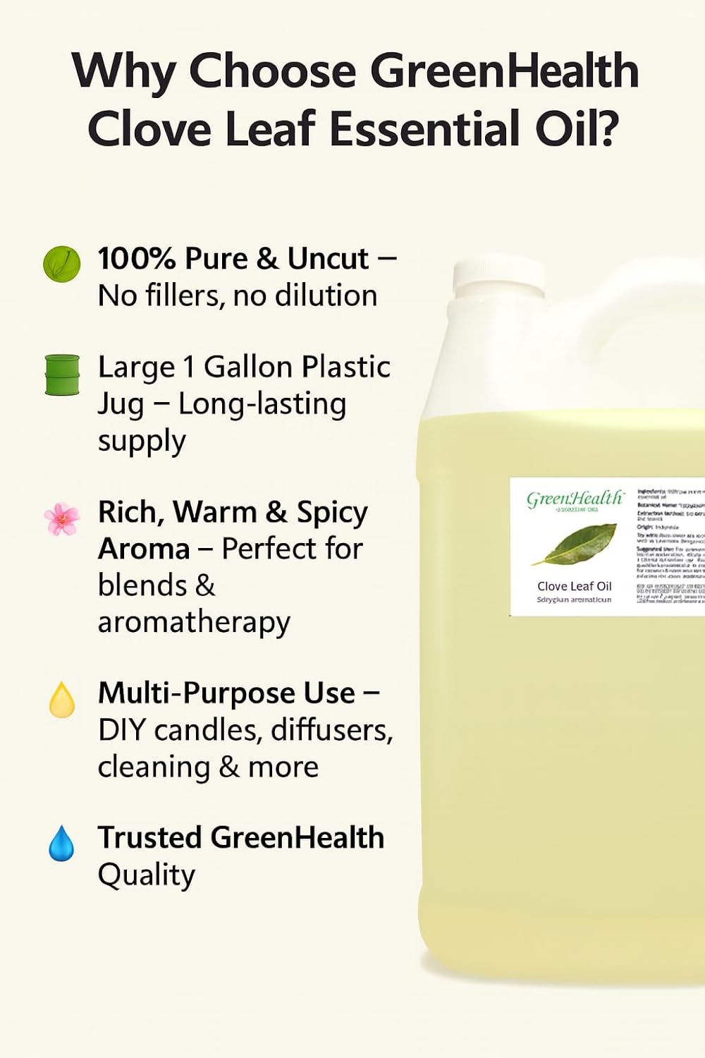Clove Leaf Essential Oil - 1 Gallon - Plastic Jug - 100% Pure & Uncut - GreenHealth