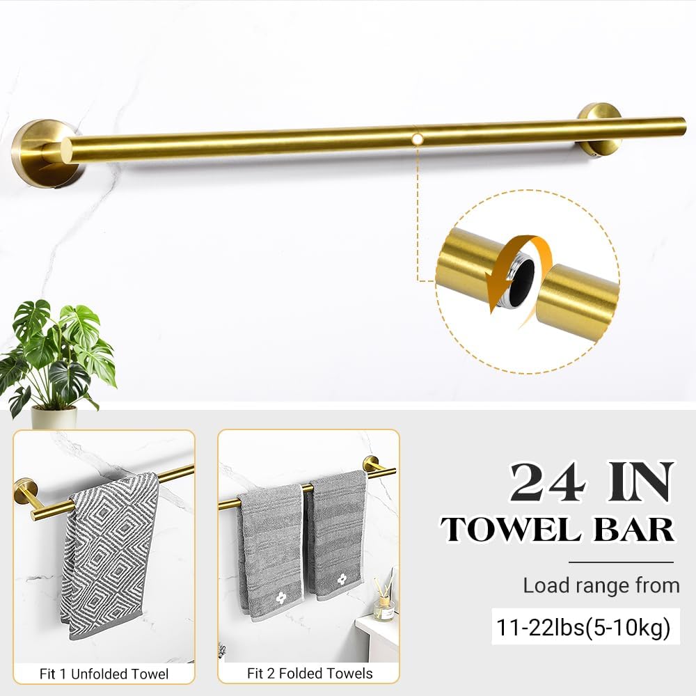 Gold Bathroom Towel Bar Set, 10-Piece Stainless Steel Hardware Bathroom Accessories, 24" Towel Racks for Bathroom Walls