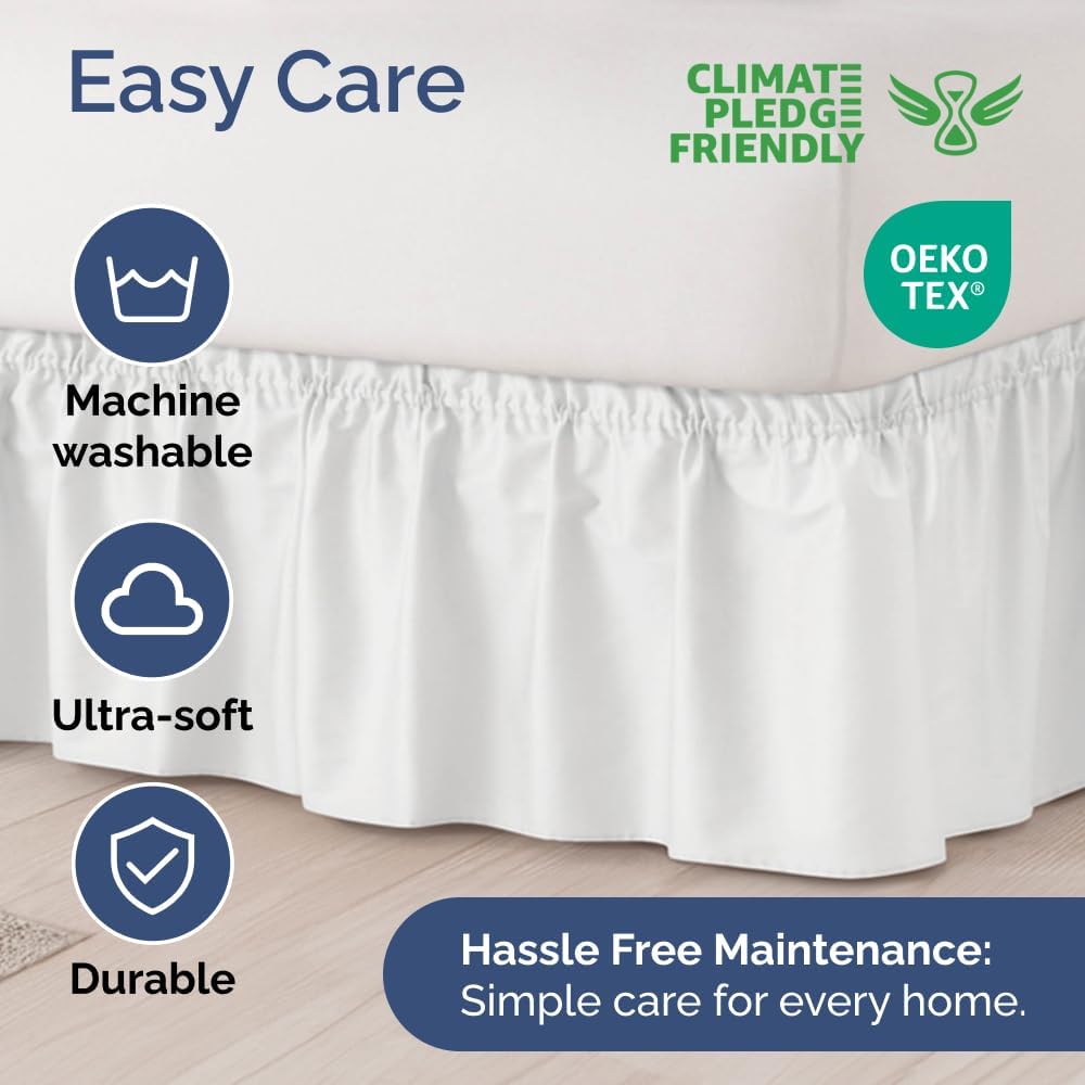 Wrap Around Dust Ruffle Bed Skirt - White - for Full Size Beds with 24 Inch Drop - Easy Fit Elastic Strap - Adjustable Pleated Bedskirt w/Brushed Fabric - Wrinkle Free - for Women, Men, Kids & Teens