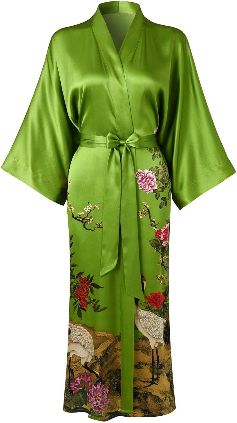 Women's Silk Kimono Robe Long Bathrobe Nightgown 100% Mulberry Silk for Women - Classic Floral Pattern