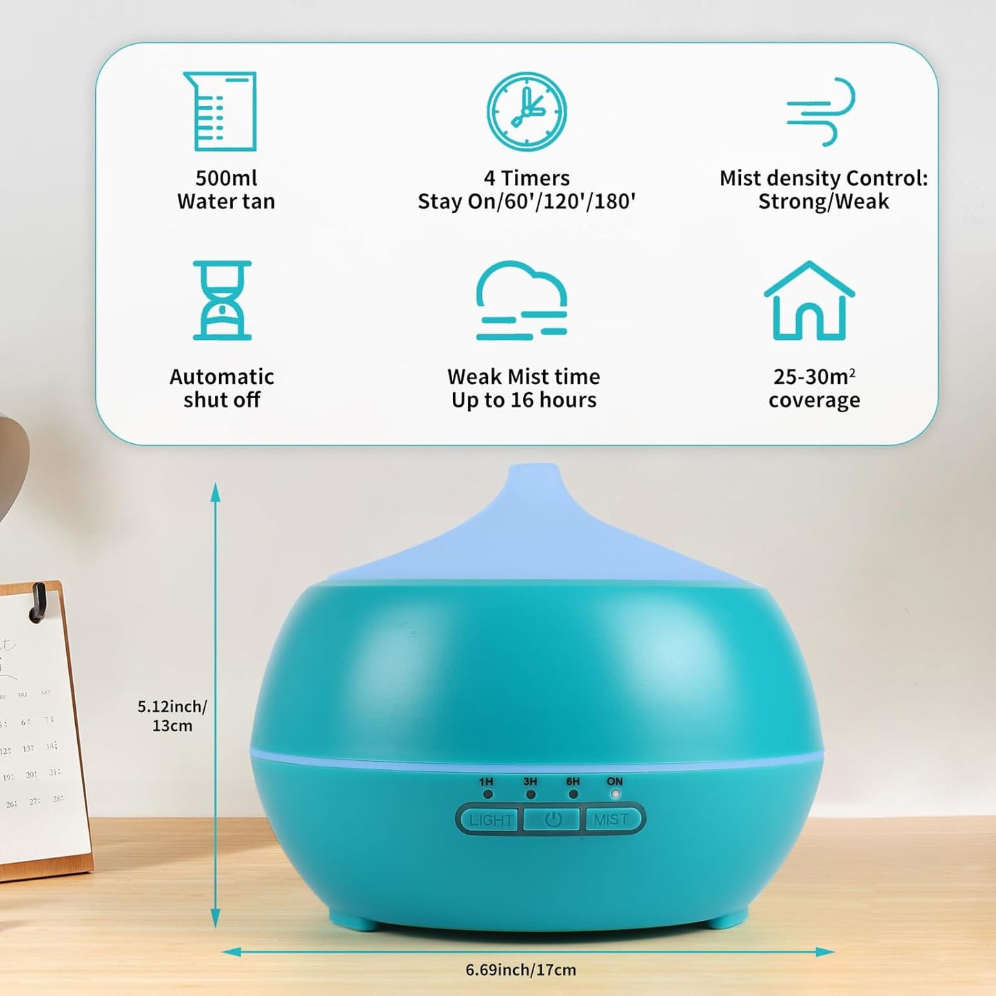 HAPPTWS 500ML Essential Oil Diffuser - BPA Free Ultrasonic Aromatherapy Diffuser, with 7-Color Lights Waterless Auto Shut Off for Home、Room、pet Room - Blue