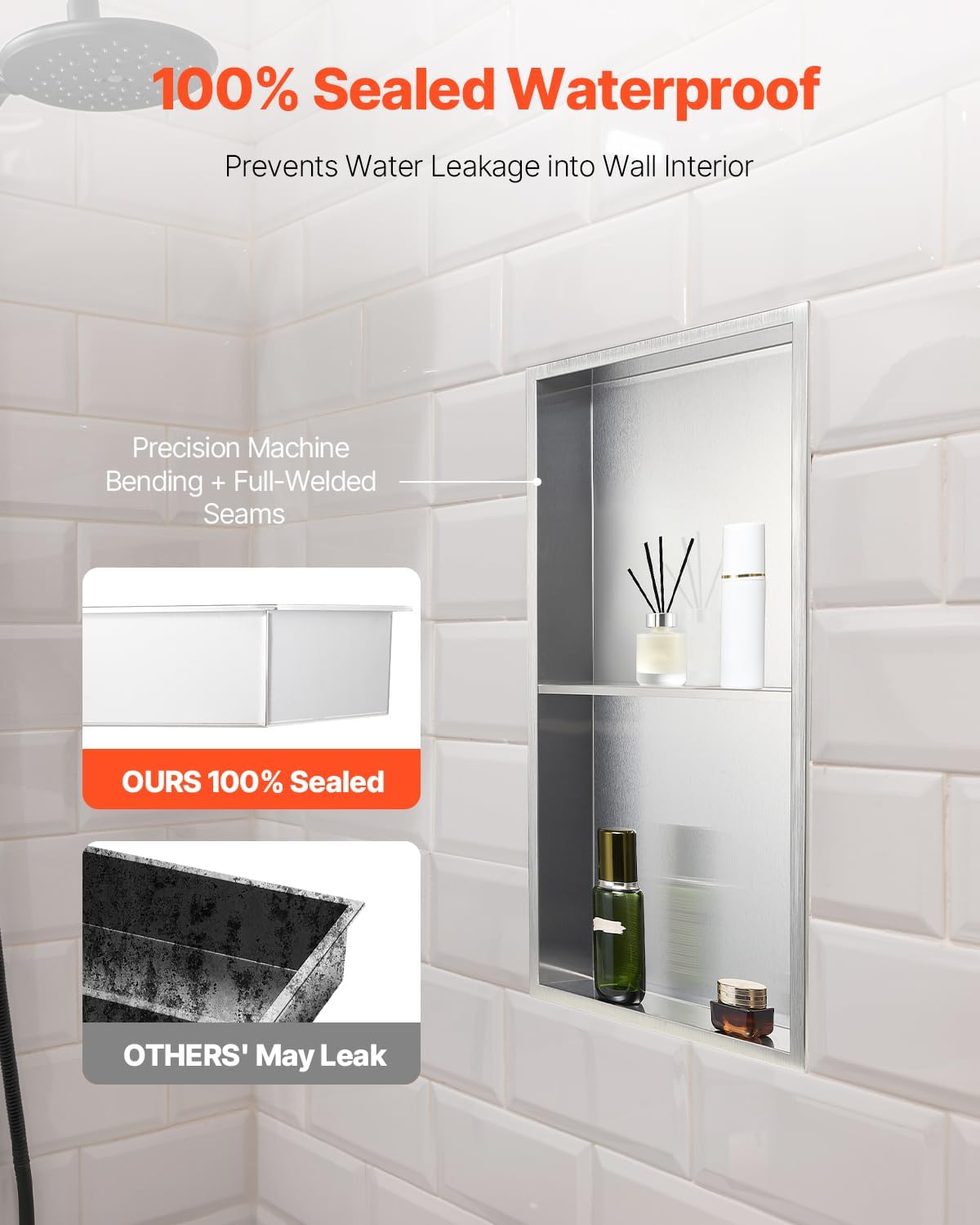 VEVOR Shower Niche, 13 x 25 x 4 inch Recessed Wall Niche Double-layer, with Hollowed-out Divider,Heavy-duty Stainless Steel Modern Shampoo Storage Organizer,Waterproof, Silver for Bathroom