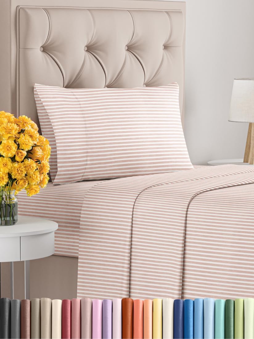 Blush Stripes Oeko-Tex Twin Size 3 Piece Sheet Set - Extra Soft, Breathable & Cooling Luxury Bed Sheets - Deep Pockets, Easy-Fit & Wrinkle-Free