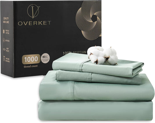 Egyptian Cotton Sheets Full Size 1000 Thread Count Sateen Weave Soft Breathable 16-Inch Deep Pocket 4PCS（Full,Sage Green）