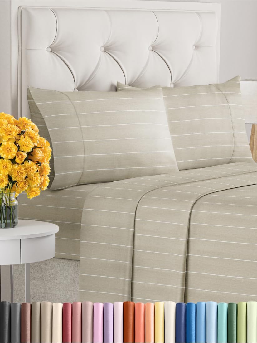 Hotel Luxury Durable Bed Sheets - Full Size 4 Piece Sheet Set - Extra Soft, Breathable & Cooling - Deep Pockets, Easy-Fit & Wrinkle-Free - Beige Stripes Oeko-Tex