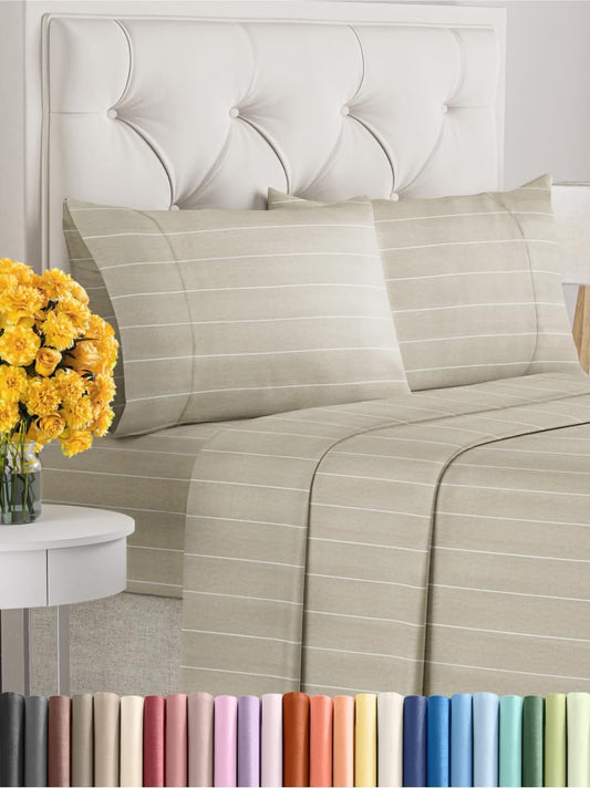 Hotel Luxury Durable Bed Sheets - Full Size 4 Piece Sheet Set - Extra Soft, Breathable & Cooling - Deep Pockets, Easy-Fit & Wrinkle-Free - Beige Stripes Oeko-Tex