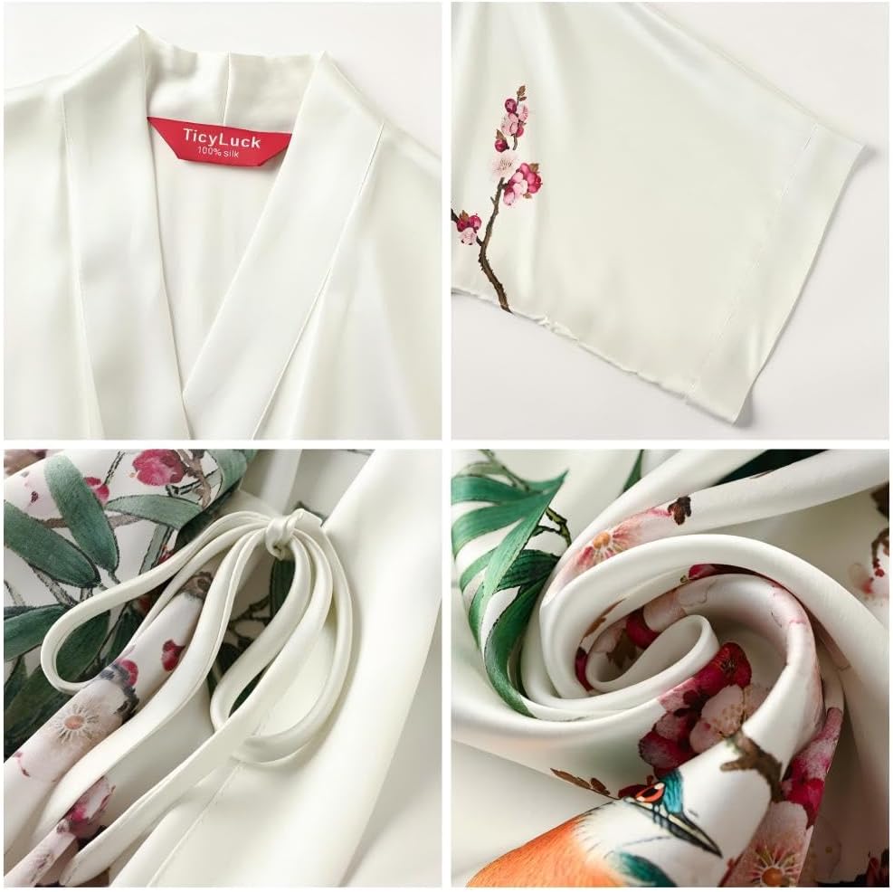 Women's Silk Kimono Robe Long Bathrobe Nightgown 100% Mulberry Silk for Women - Classic Floral Pattern