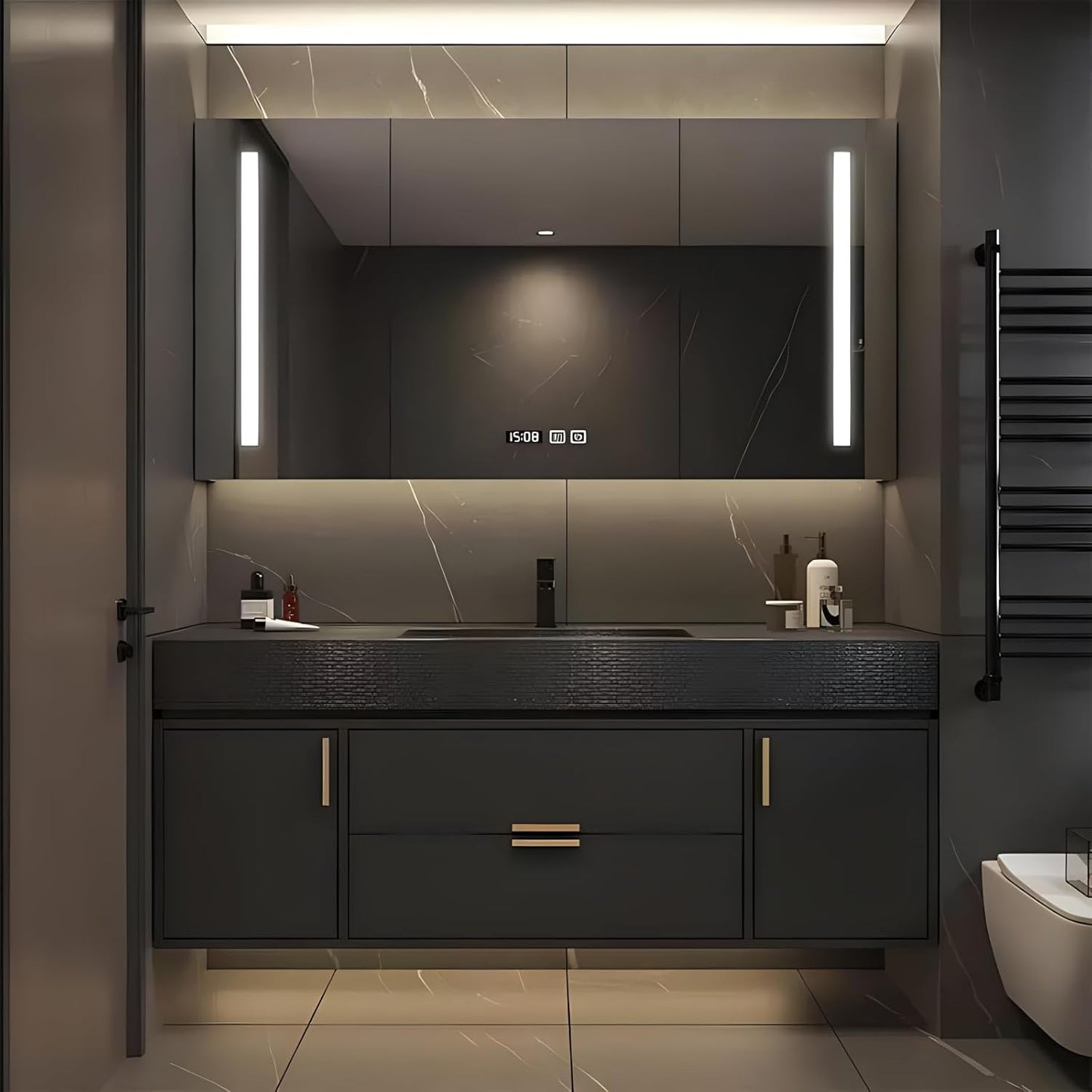 52" Floating Bathroom Vanity with Single Sink, Solid Wood Bathroom Vanity Includes LED Smart Defogging Mirror Cabinet & One-Piece Sink, Modern Vanities with Soft-Close Drawer Storage (Black)