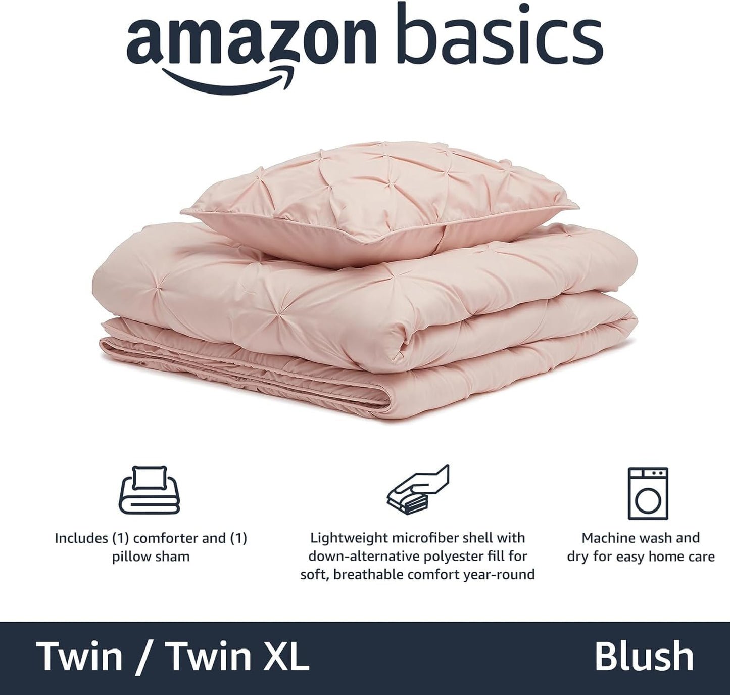 Amazon Basics Soft Twin Size Comforter Sets, All-Season Down-Alternative 2 Piece Bedding Set, Pinch Pleat Design, Twin/TwinXL Size, Blush