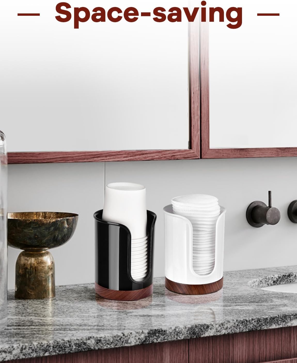 Premium Bathroom Cup Dispenser - Compact Cup Holder for Dixie Cups 3 oz Cups, 3 4 Ounce Mouthwash Cup Dispenser - PC/Walnut,Black, Pack of 1
